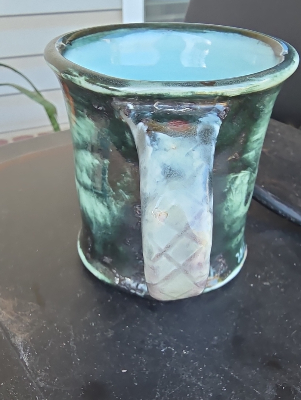 Handmade Ceramic Blue-Interior Green Glaze Mug Heart In The Bottem.